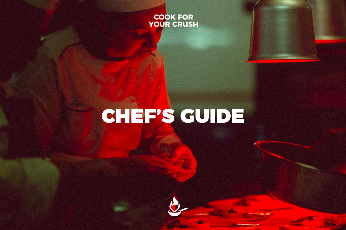 Atmospheric shot of a chef preparing food under red heat lamps titled "Chef's Guide."
