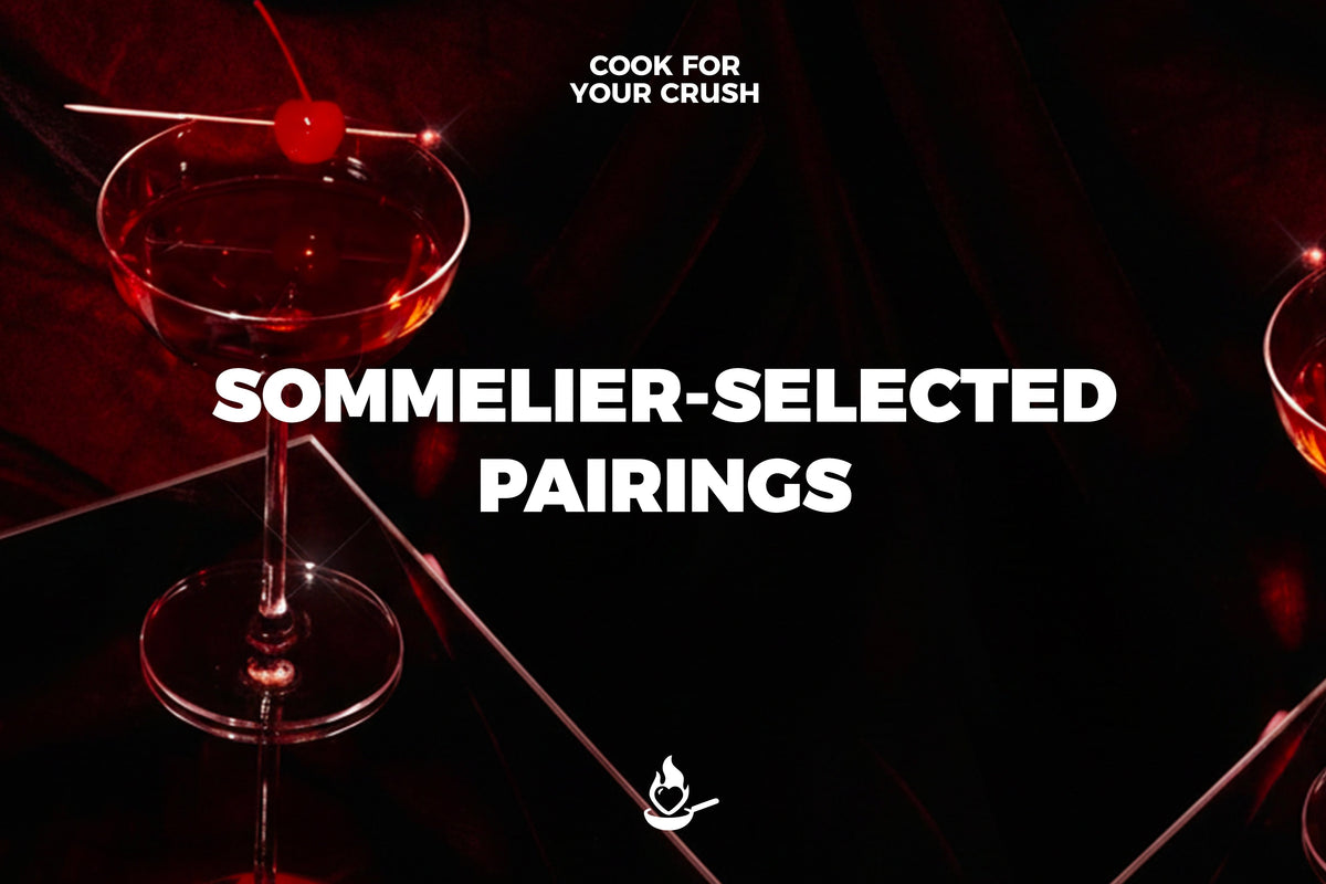Elegant dark red cocktail with a cherry garnish on a mirrored surface titled "Sommelier-Selected Pairings."