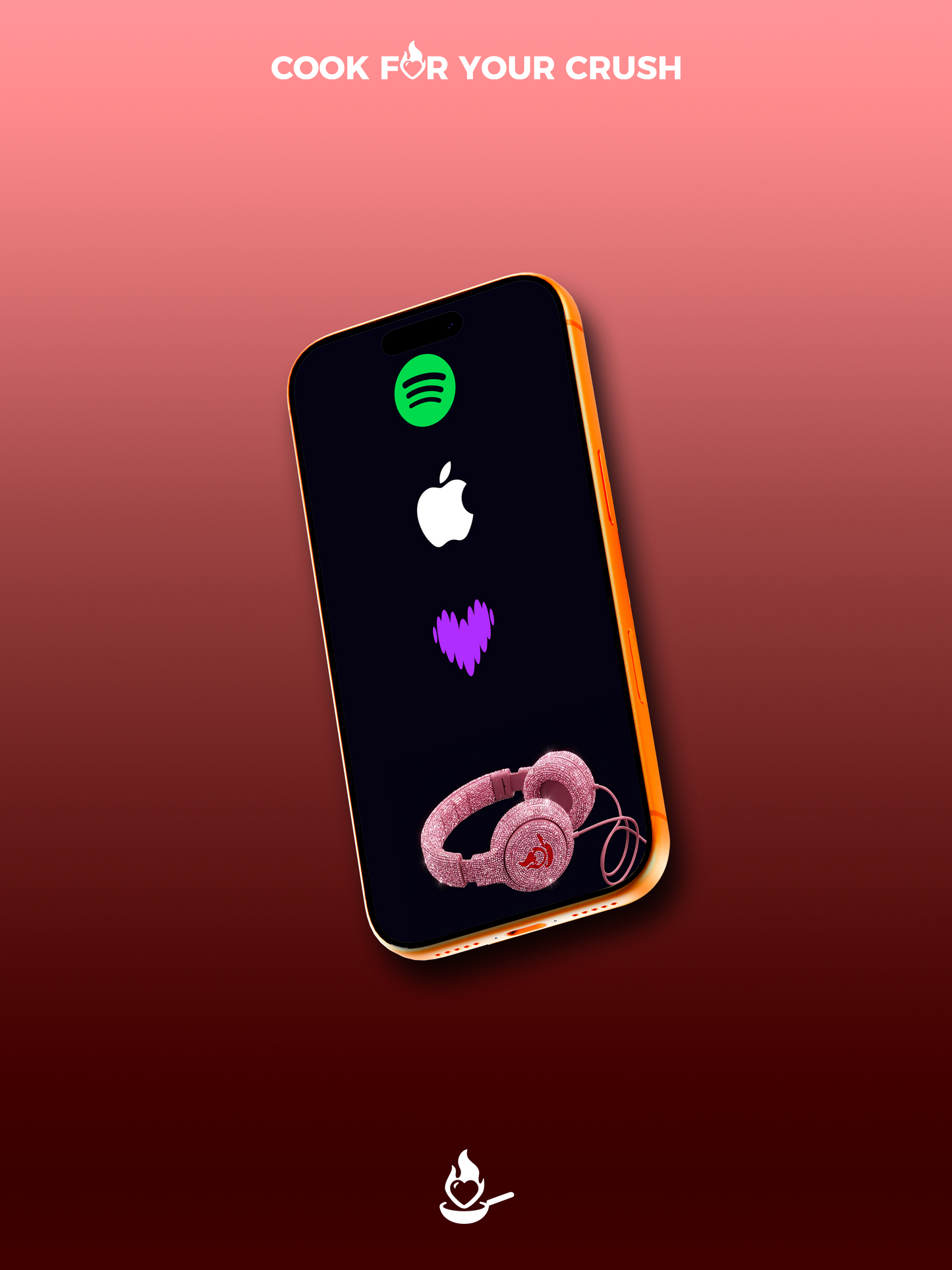 An iPhone displaying the "CFYC" (Cook For Your Crush) Spotify, deeper & Apple Music playlist curated by a DJ, set against a red gradient background.