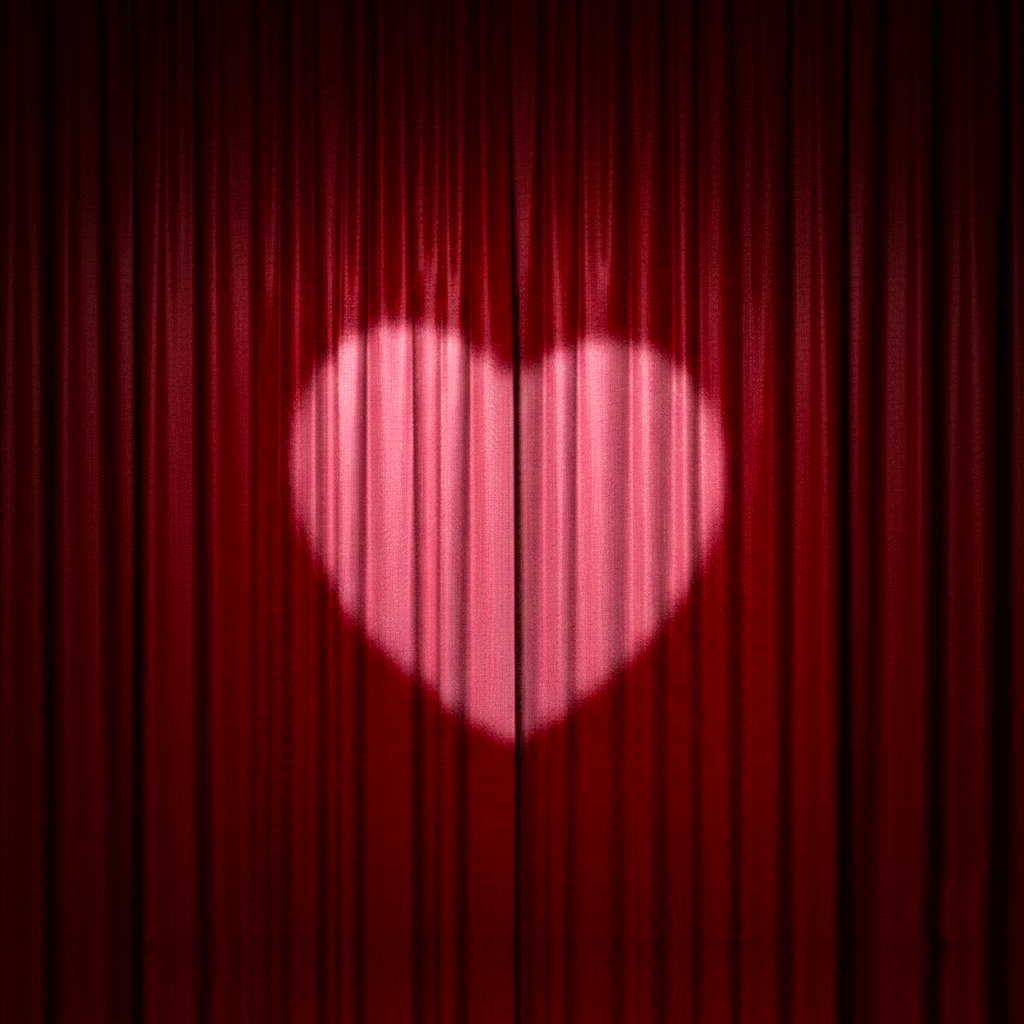 A dramatic red stage curtain with a glowing pink heart-shaped light projected in the center, perfect for romantic movie nights, Valentine’s Day theater events, or wedding stage backgrounds